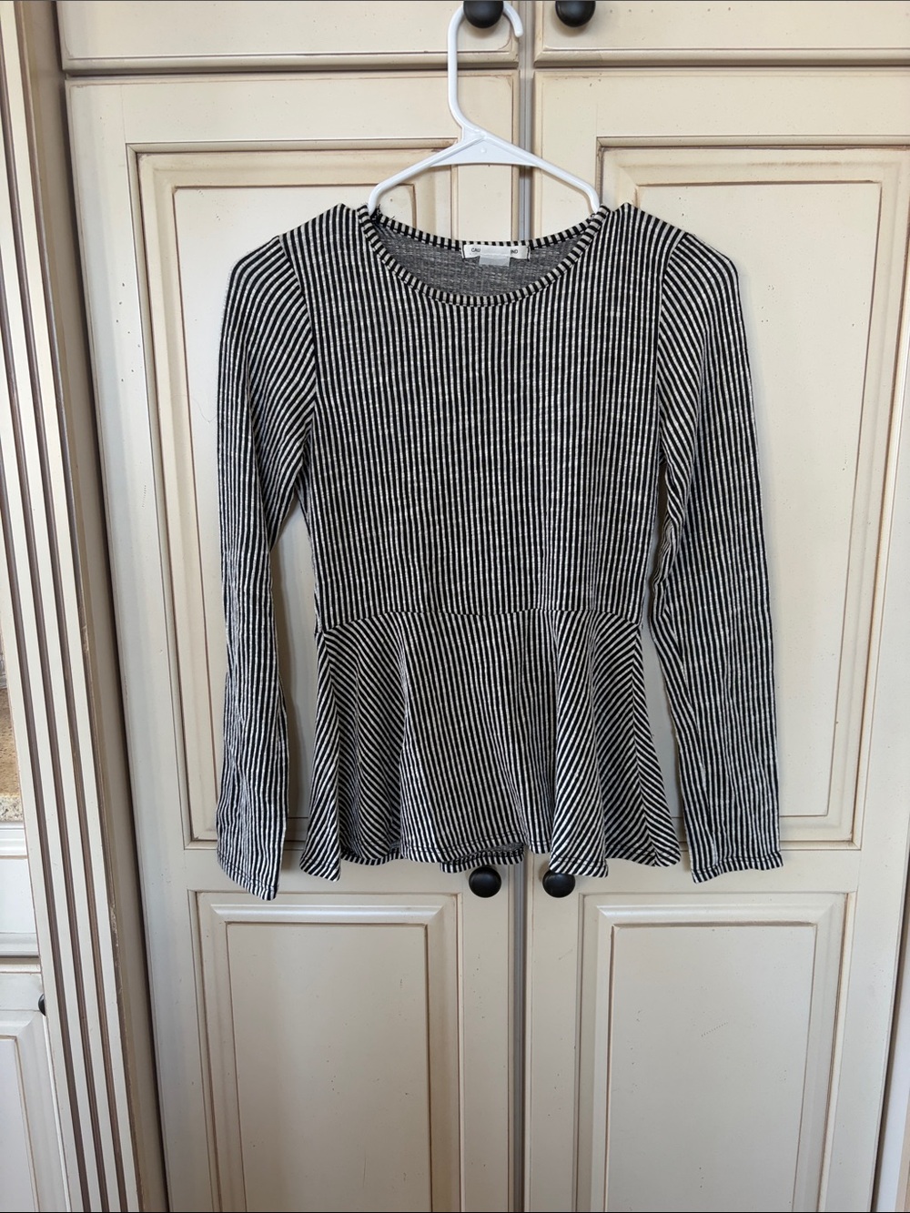 Macy's Black & White Striped Long-Sleeve Peplum Top